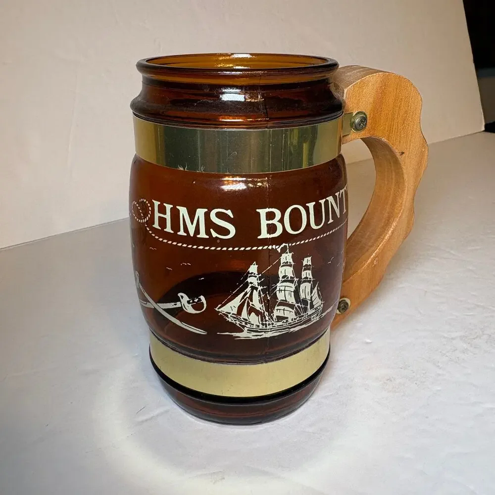 Vintage HMS Bounty Souvenir Brown Glass Barrel Mug Wood Handle